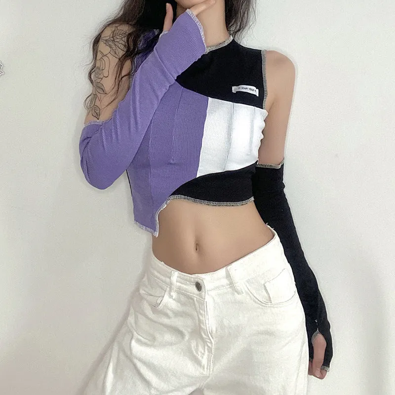 "IRREGULAR CONTRAST COLOR STITCHING" CROP TOP ( FREE SLEEVES ) N111007