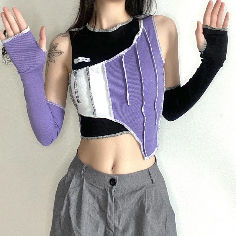 "IRREGULAR CONTRAST COLOR STITCHING" CROP TOP ( FREE SLEEVES ) N111007