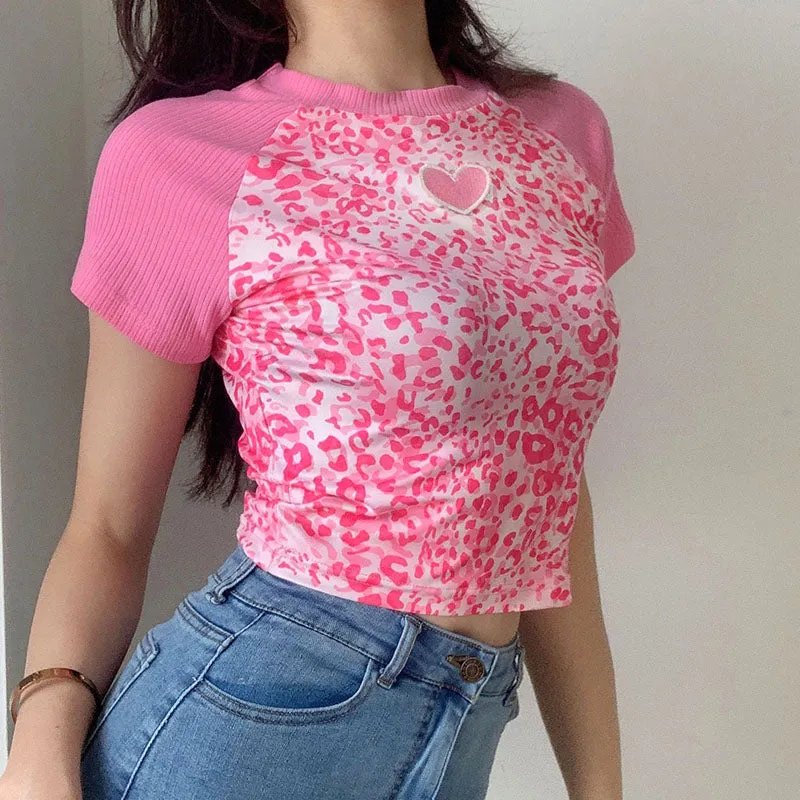 "PINK LEOPARD PRINT LOVE EMBROIDERY" CROP TOP N033004