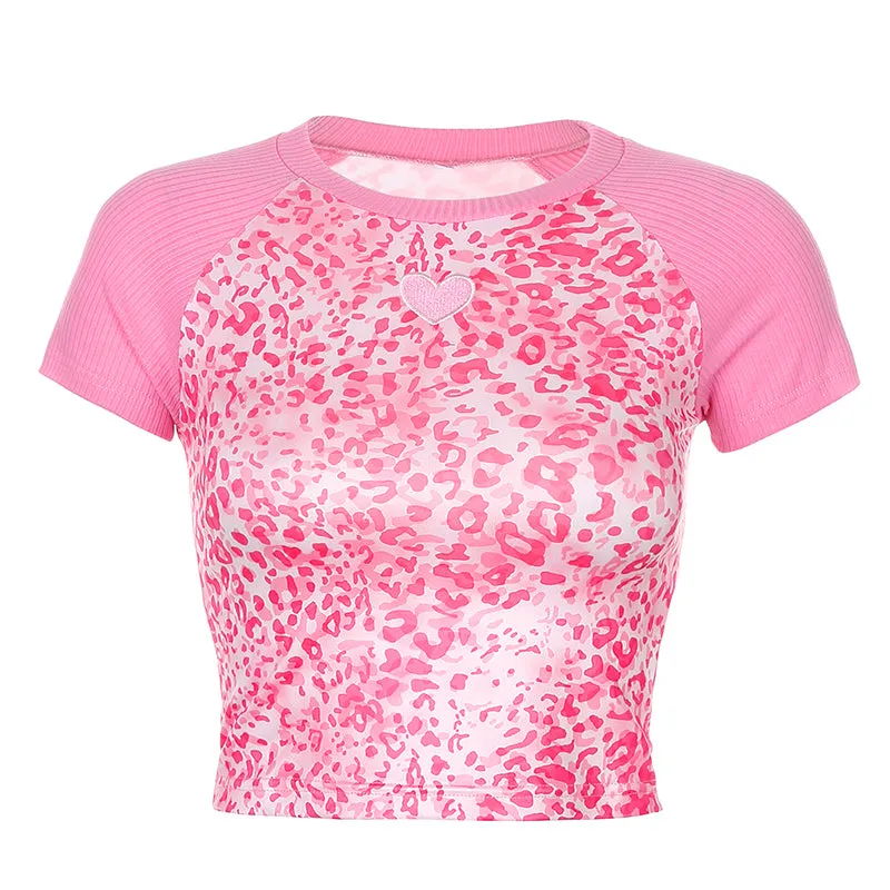 "PINK LEOPARD PRINT LOVE EMBROIDERY" CROP TOP N033004