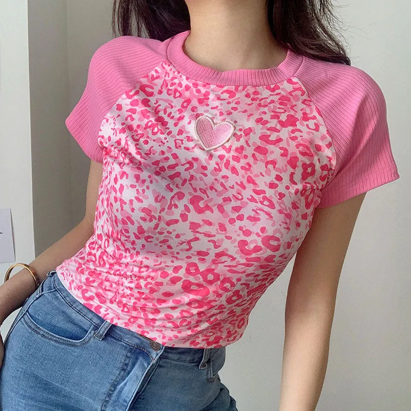 "PINK LEOPARD PRINT LOVE EMBROIDERY" CROP TOP N033004