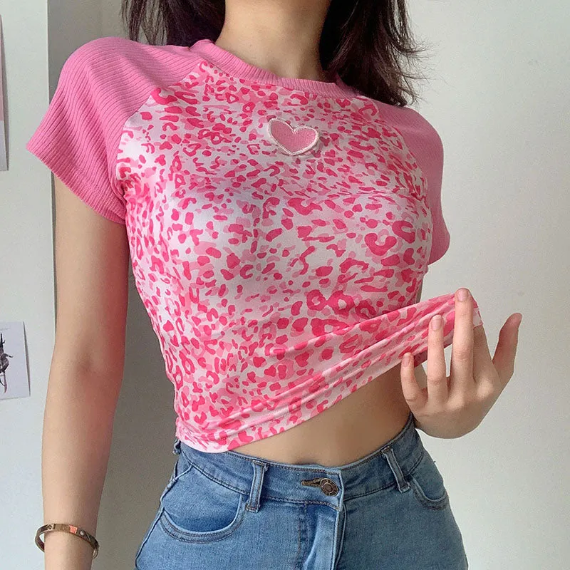 "PINK LEOPARD PRINT LOVE EMBROIDERY" CROP TOP N033004