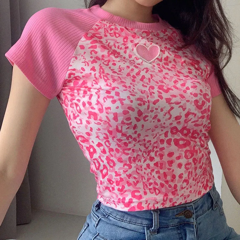 "PINK LEOPARD PRINT LOVE EMBROIDERY" CROP TOP N033004