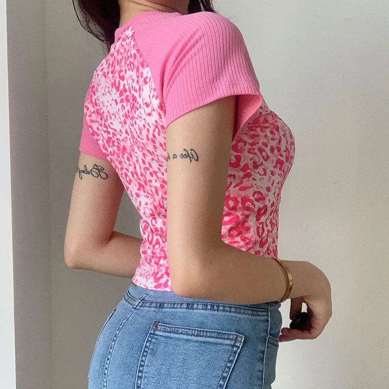 "PINK LEOPARD PRINT LOVE EMBROIDERY" CROP TOP N033004