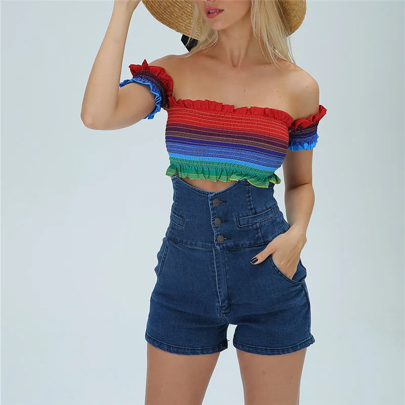 "RAINBOW STRIPED NECKLINE" CROP TOP N081704