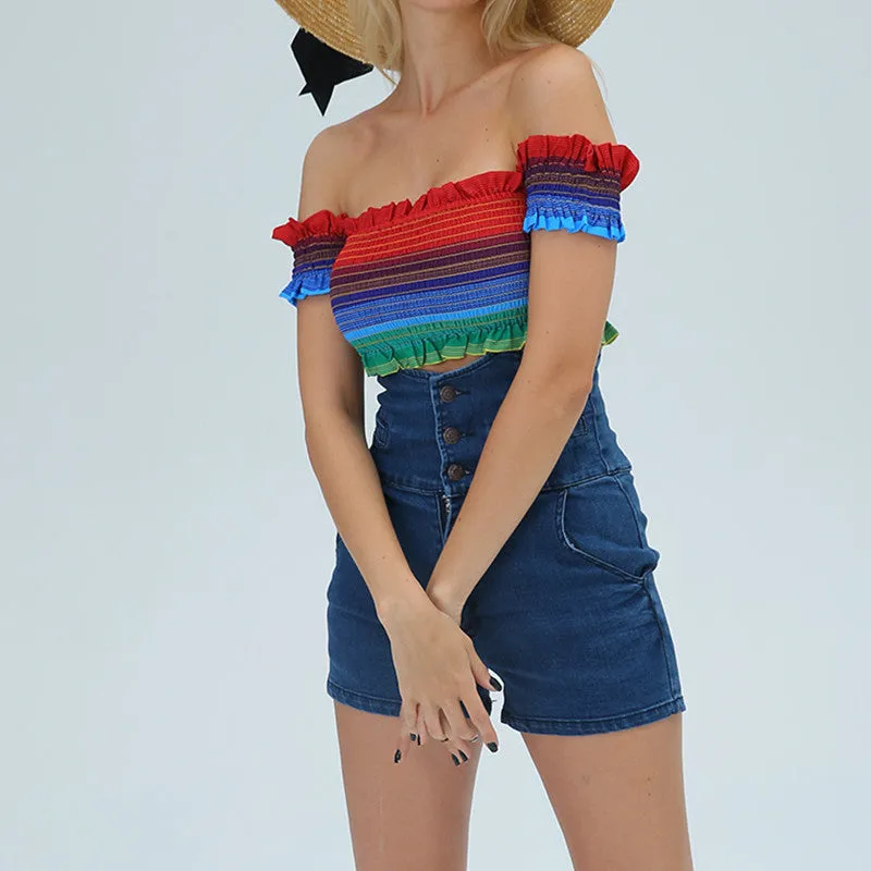 "RAINBOW STRIPED NECKLINE" CROP TOP N081704