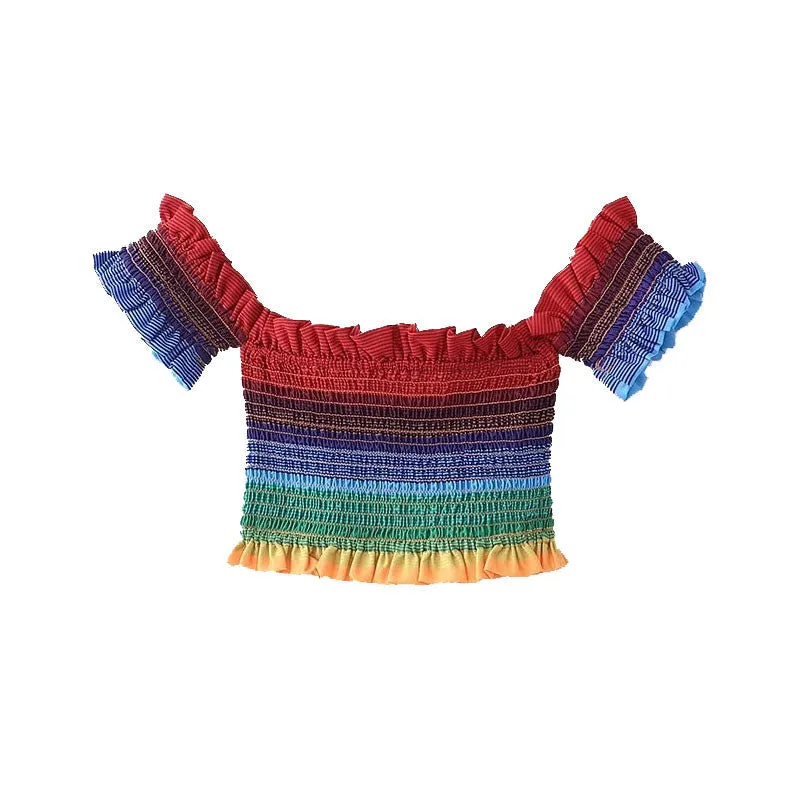 "RAINBOW STRIPED NECKLINE" CROP TOP N081704