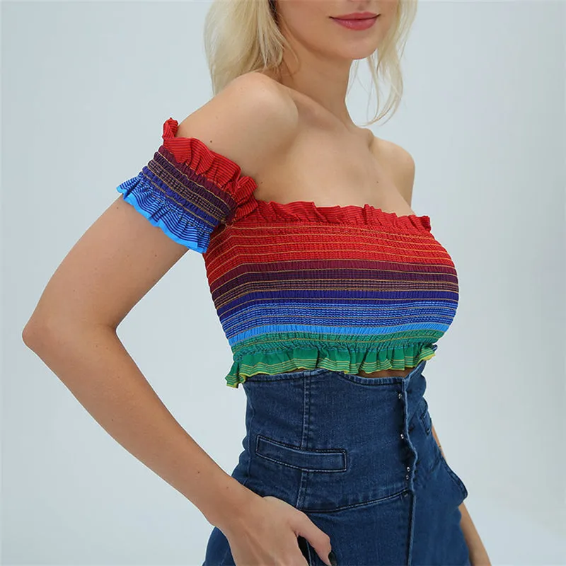 "RAINBOW STRIPED NECKLINE" CROP TOP N081704