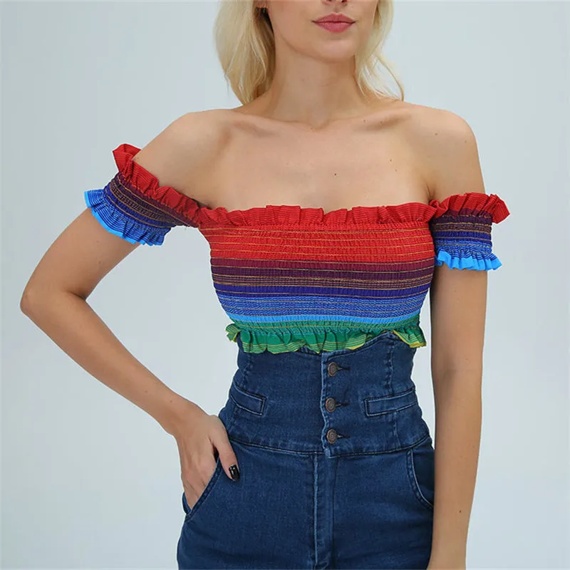 "RAINBOW STRIPED NECKLINE" CROP TOP N081704