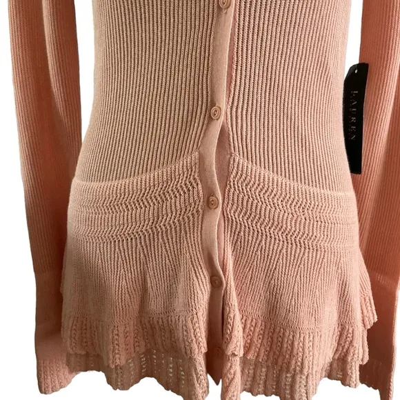Ralph Lauren cardigan women’s sweater v-neck peplum bell sleeve blush pink sz M
