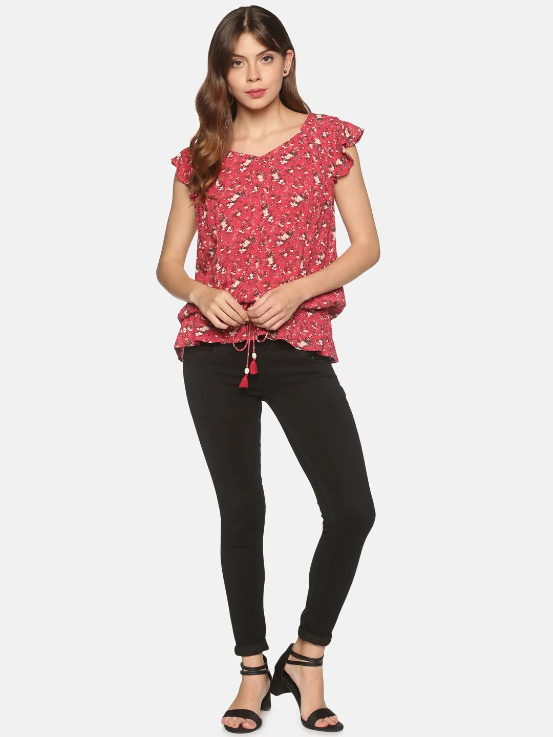 Red Cotton Floral Printed Peplum Top with Frill Sleeves & Waist Tie-up