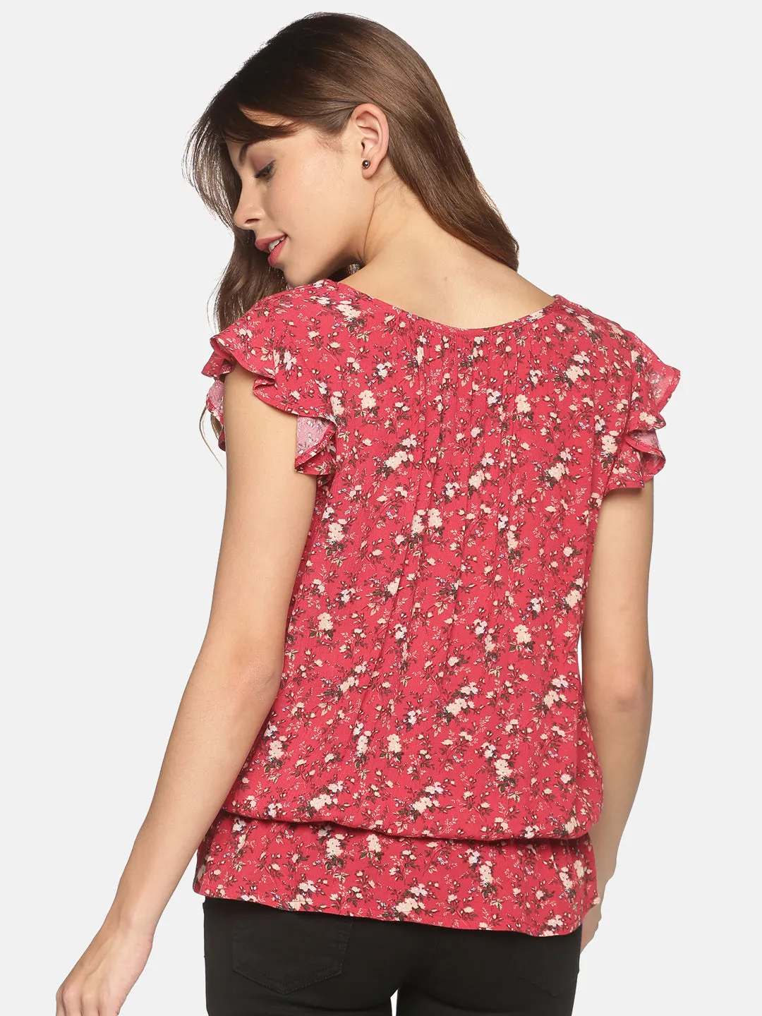 Red Cotton Floral Printed Peplum Top with Frill Sleeves & Waist Tie-up