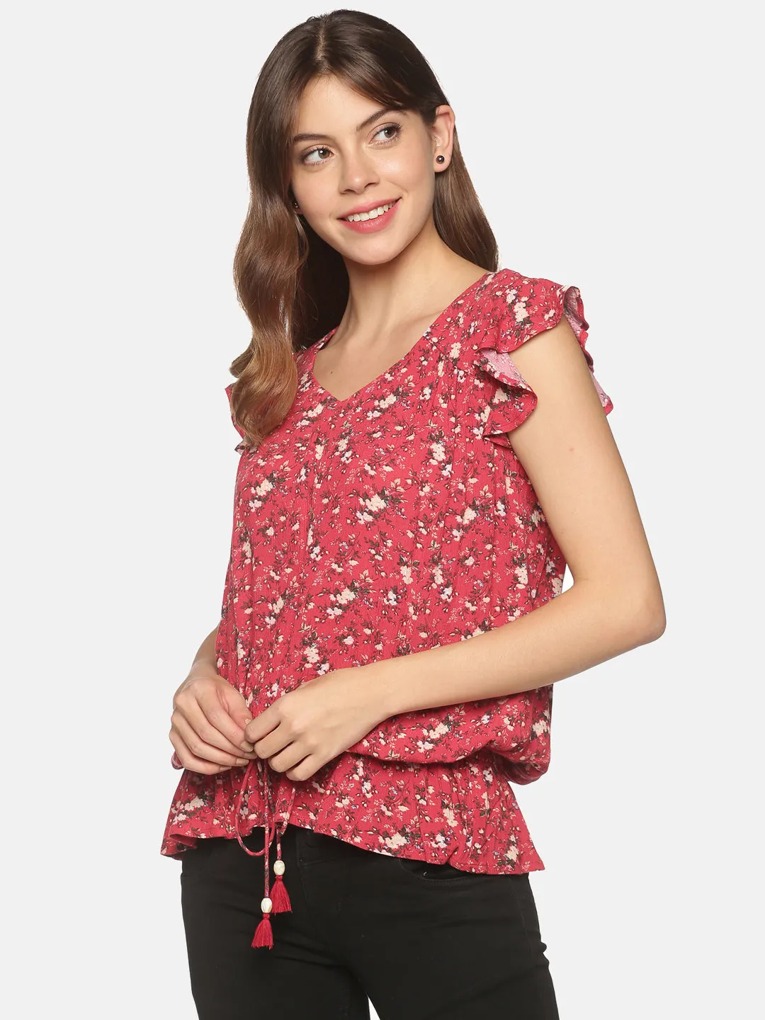 Red Cotton Floral Printed Peplum Top with Frill Sleeves & Waist Tie-up
