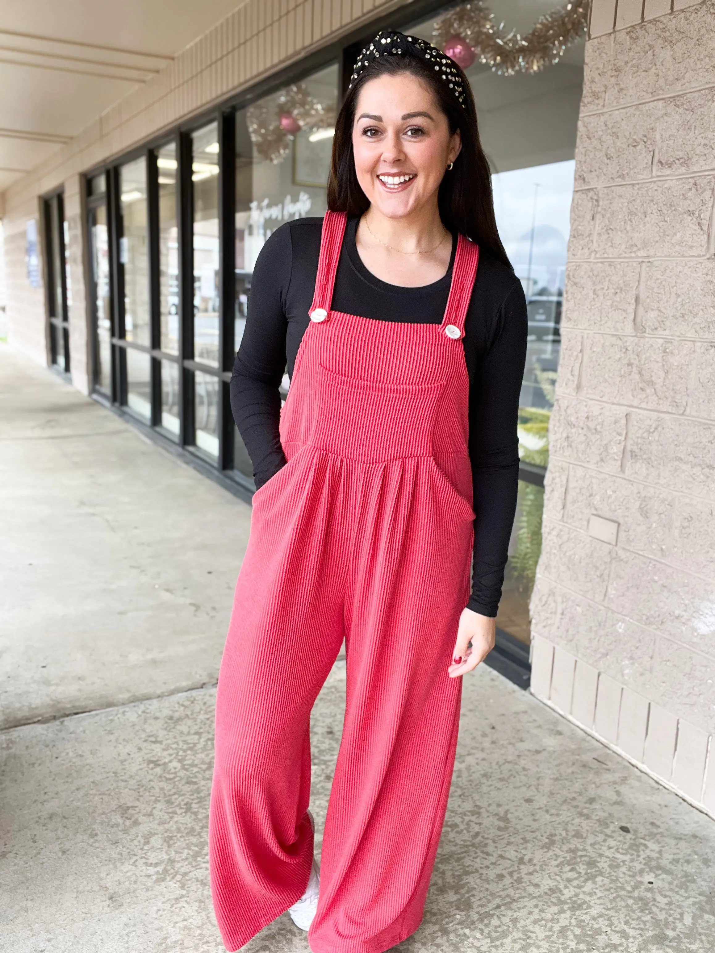 Red Karli Ribbed Jumpsuit Overalls