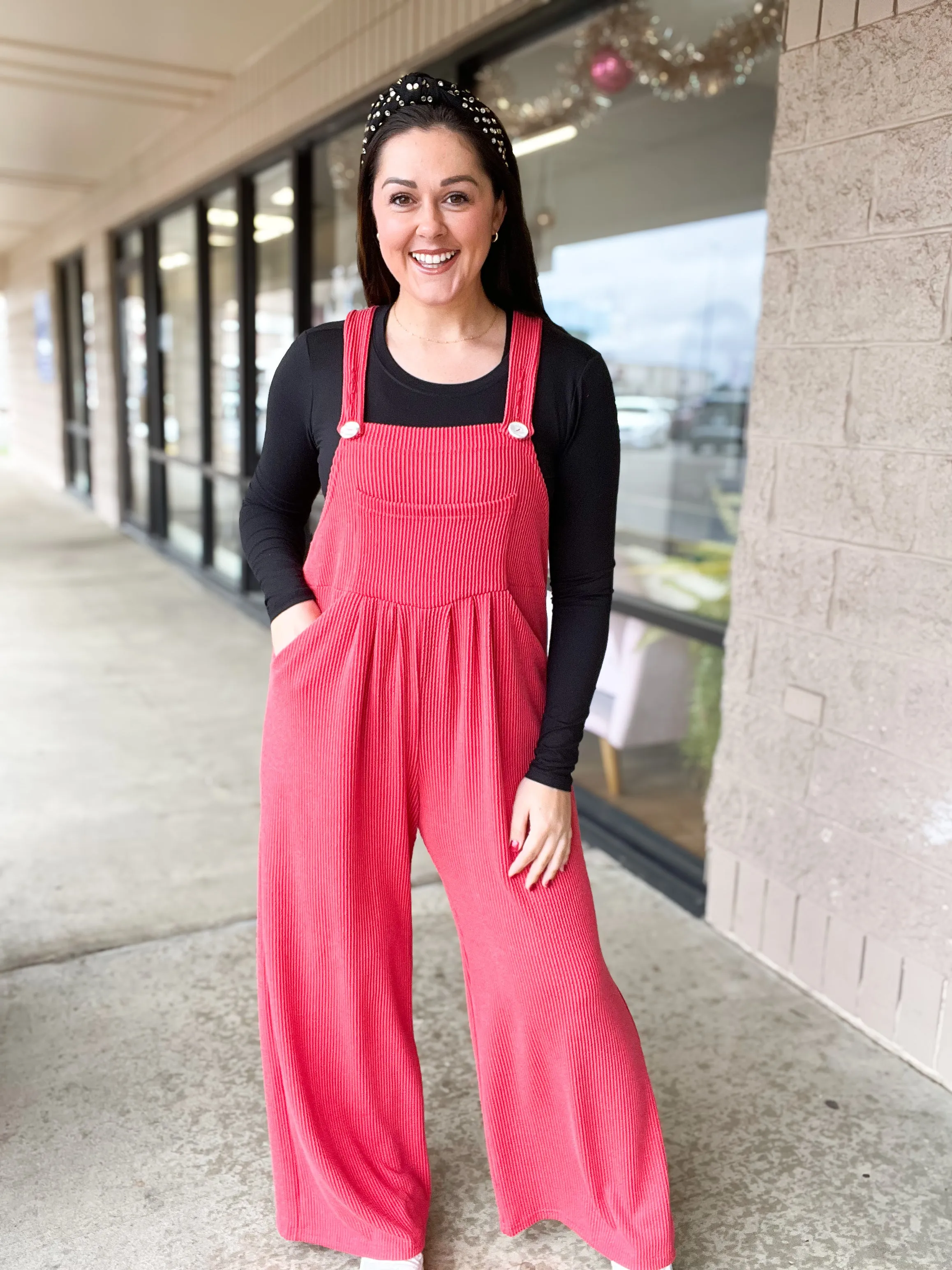 Red Karli Ribbed Jumpsuit Overalls