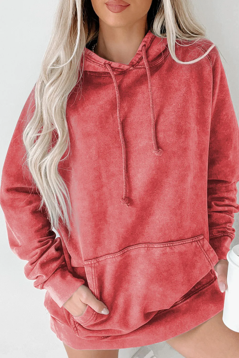 Red Mineral Wash Kangaroo Pocket Drawstring Pullover Hoodie