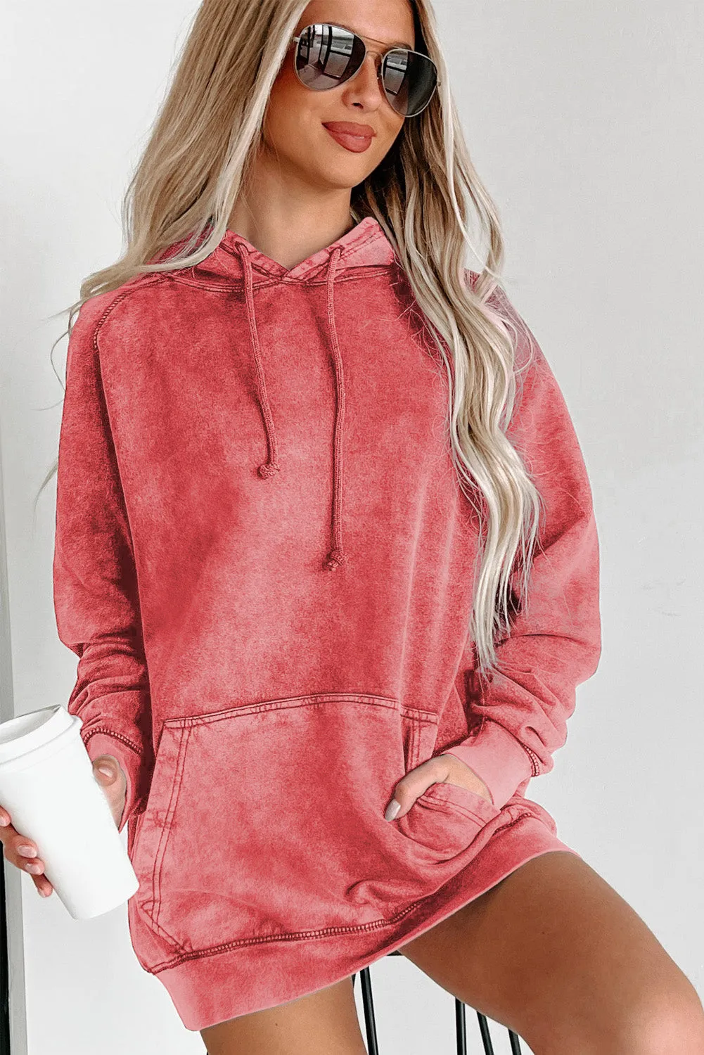 Red Mineral Wash Kangaroo Pocket Drawstring Pullover Hoodie