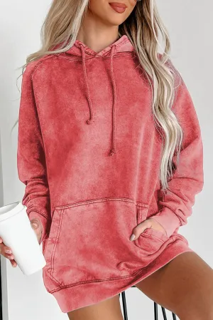 Red Mineral Wash Kangaroo Pocket Drawstring Pullover Hoodie