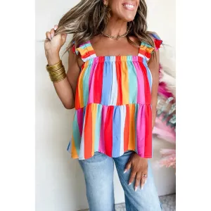 Red Stripe Ruffled Straps Babydoll Tank Top