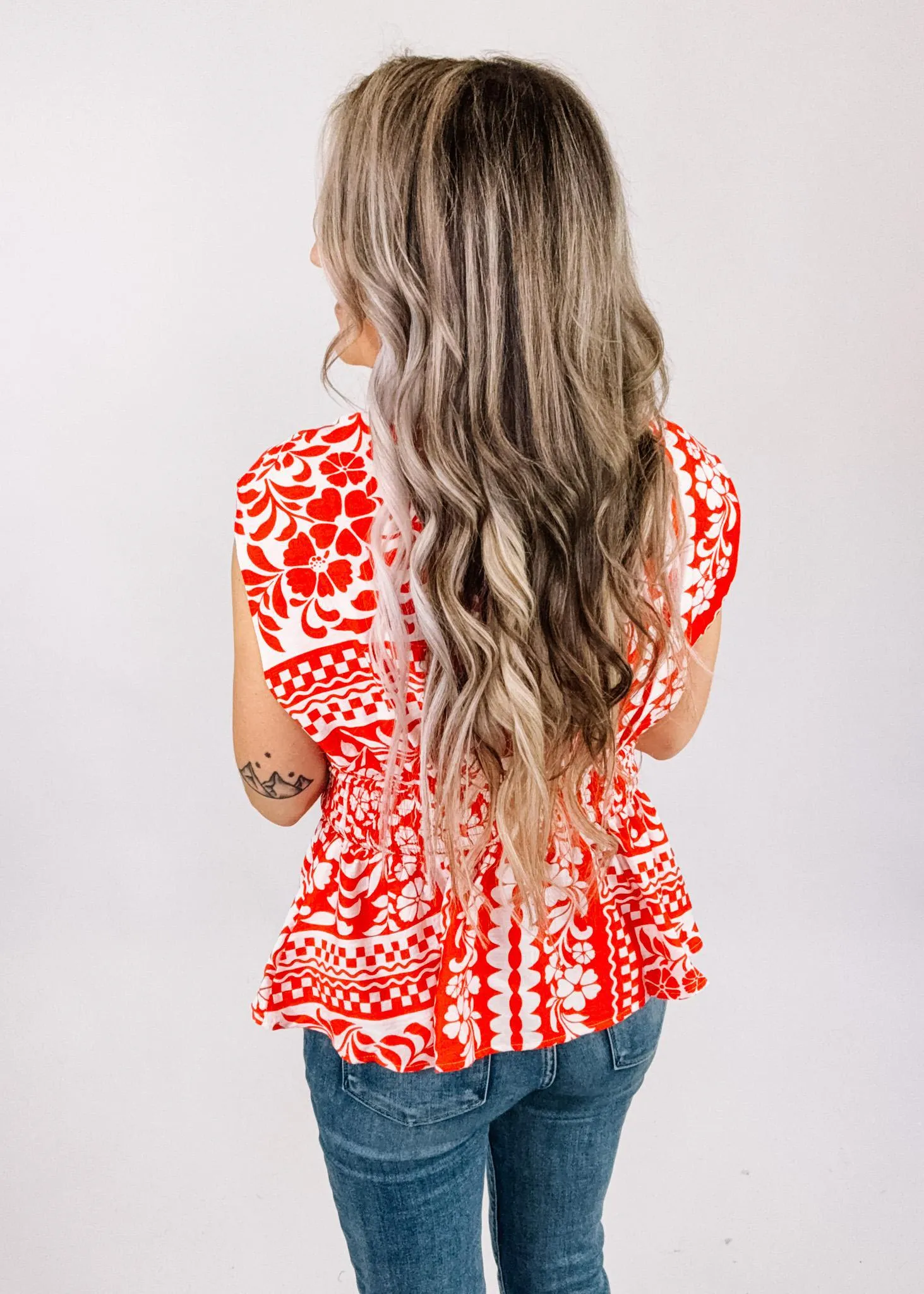 Red White Floral Printed Smocked Waist Top