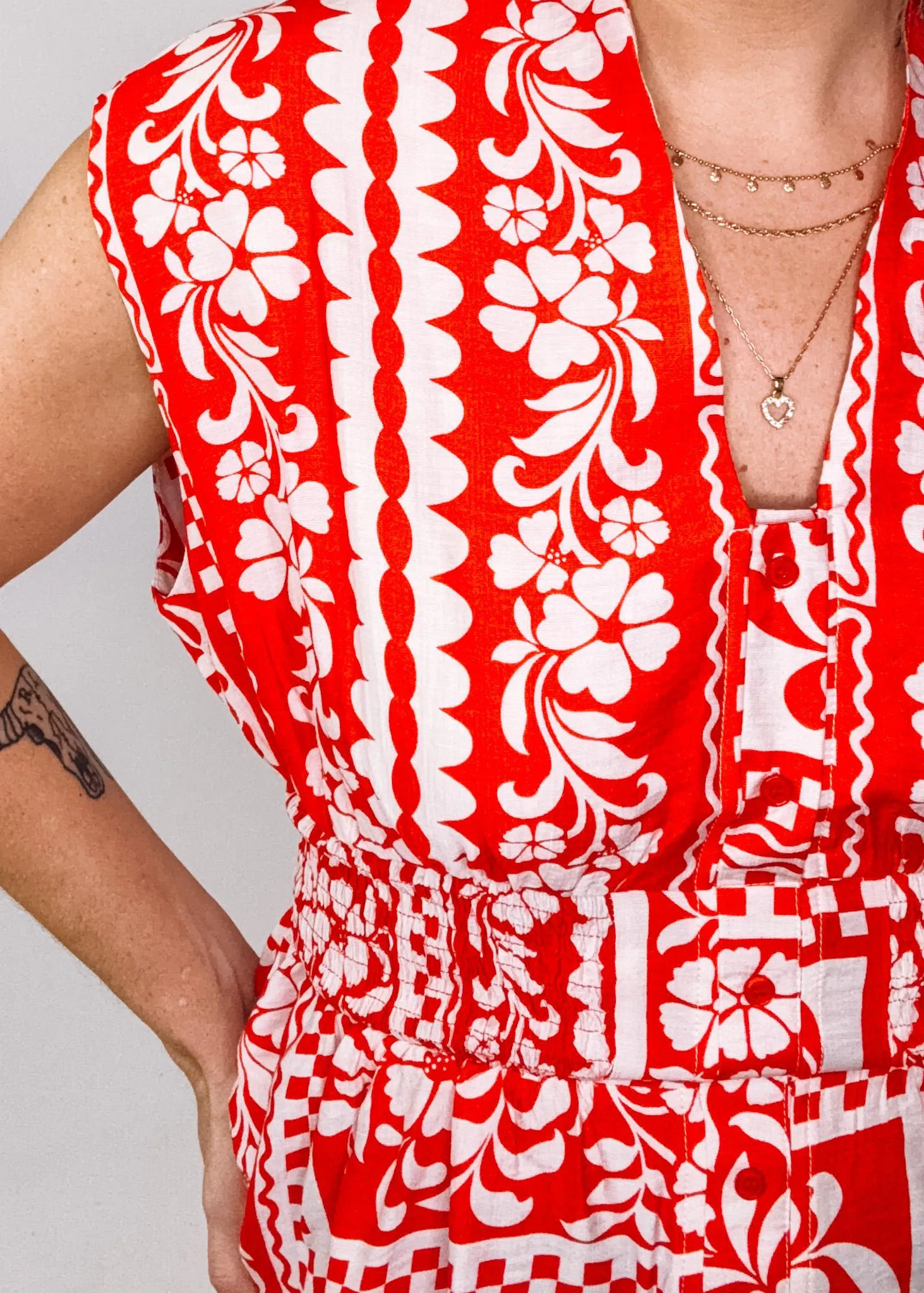 Red White Floral Printed Smocked Waist Top