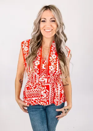 Red White Floral Printed Smocked Waist Top