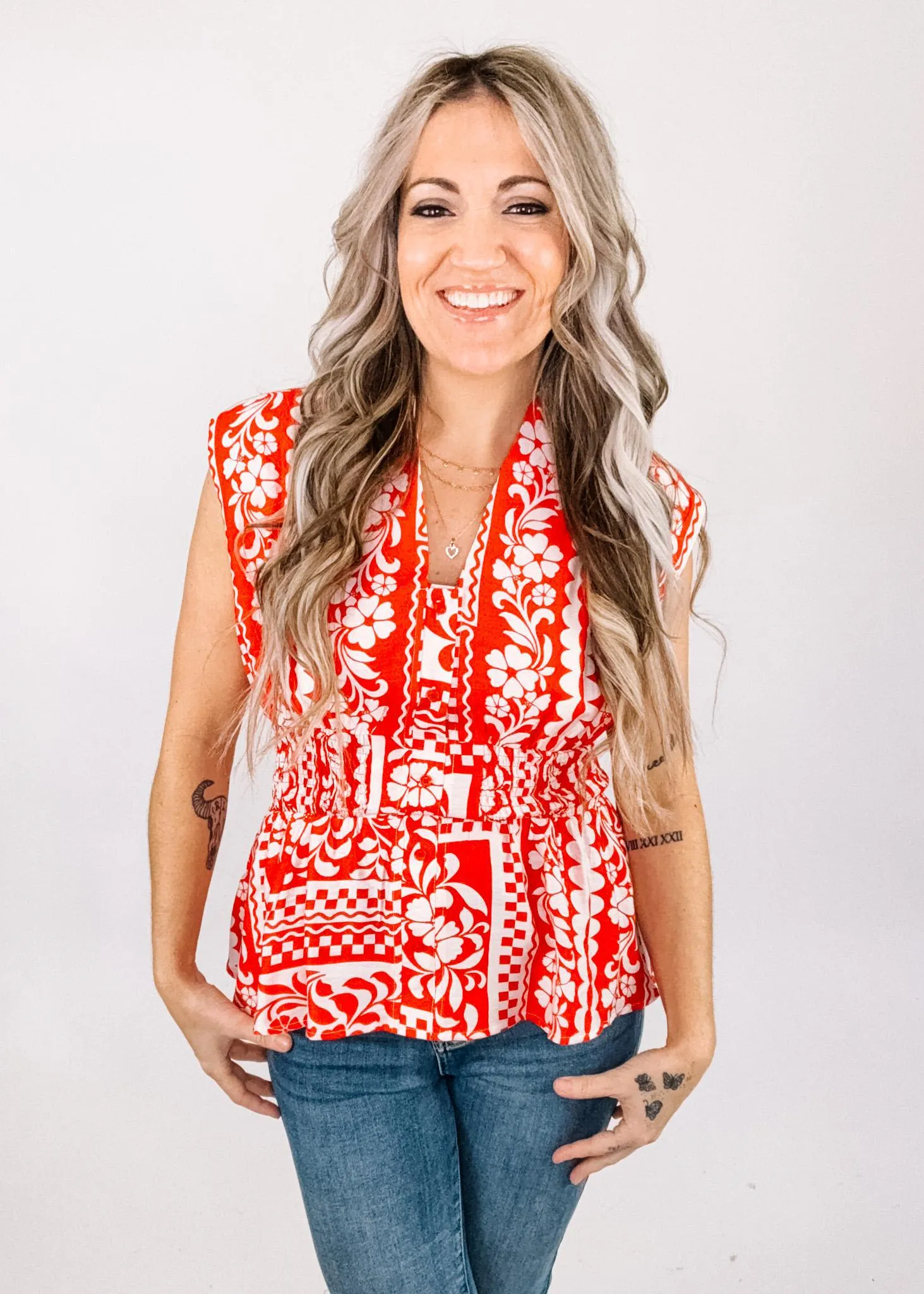 Red White Floral Printed Smocked Waist Top