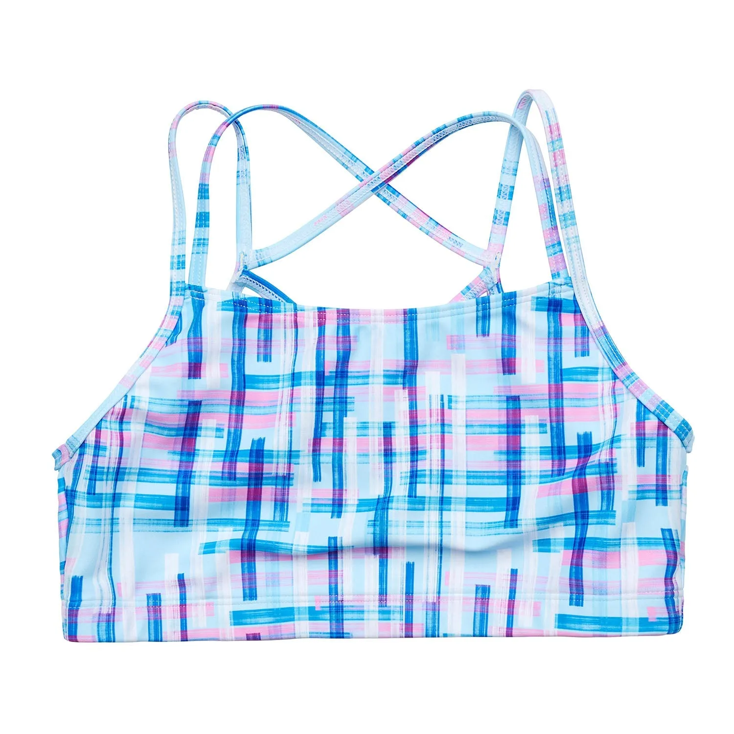 Remi: Criss-Cross Back Bra Crop Top in Blue Grid Print