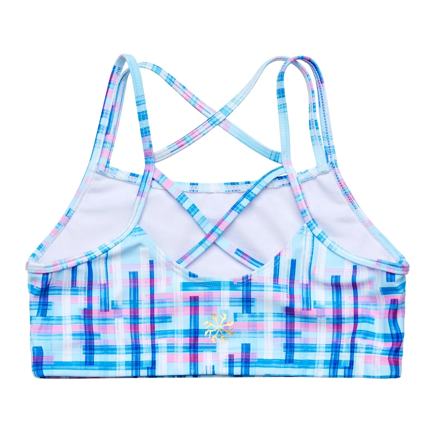 Remi: Criss-Cross Back Bra Crop Top in Blue Grid Print