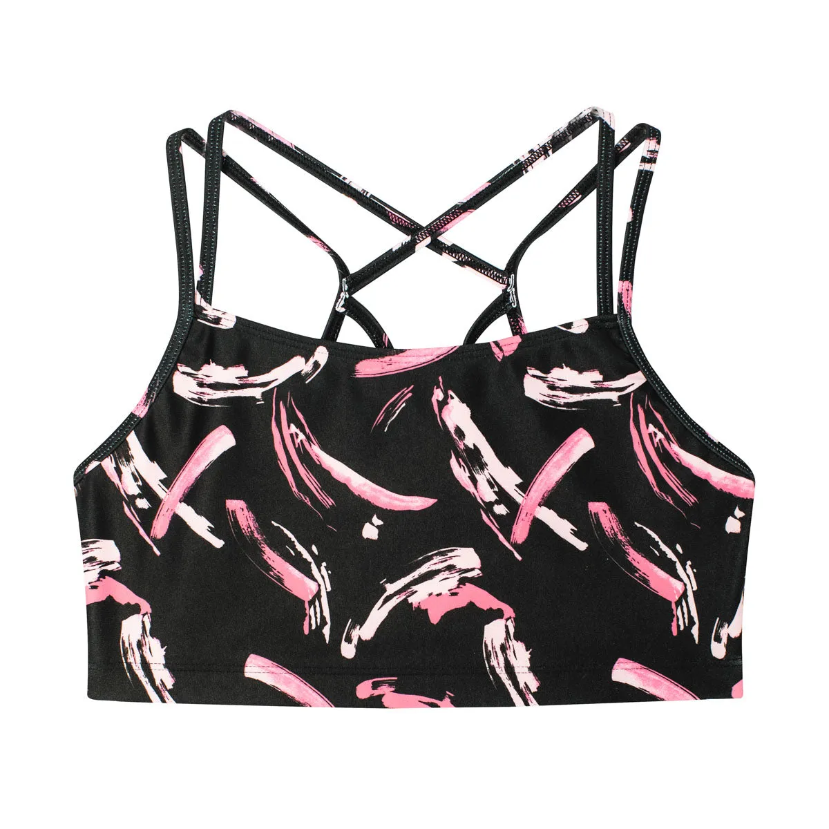 Remi: Criss-Cross Back Bra Crop Top in Brushed On Print
