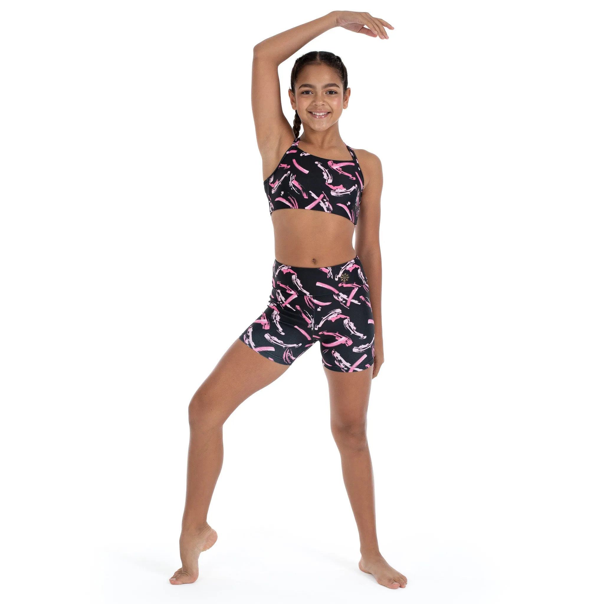 Remi: Criss-Cross Back Bra Crop Top in Brushed On Print