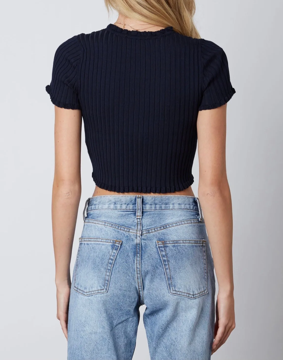 Ribbed V Neck Ruffle Button Short Sleeve Cardigan Sweater