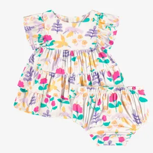 Robe et bloomer blancs à motifs, naissance||White dress and bloomer with all over print, newborn