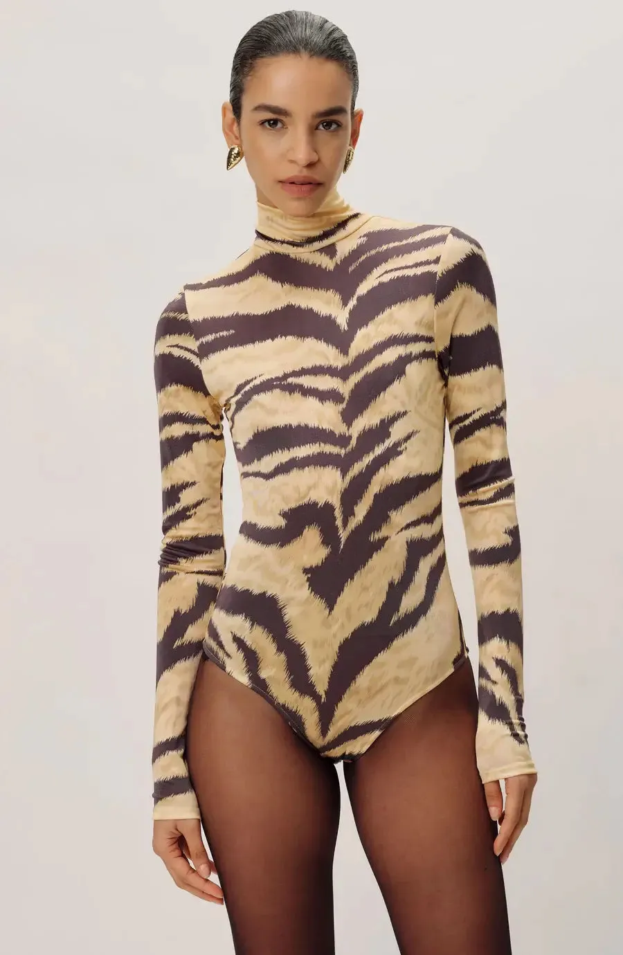 Ronny Kobo - Luca Bodysuit in Black & Tan tiger print