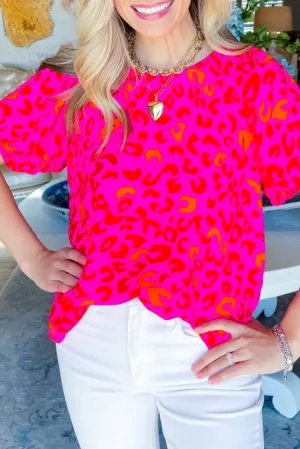 Rose Leopard Printed Puff Sleeve Blouse