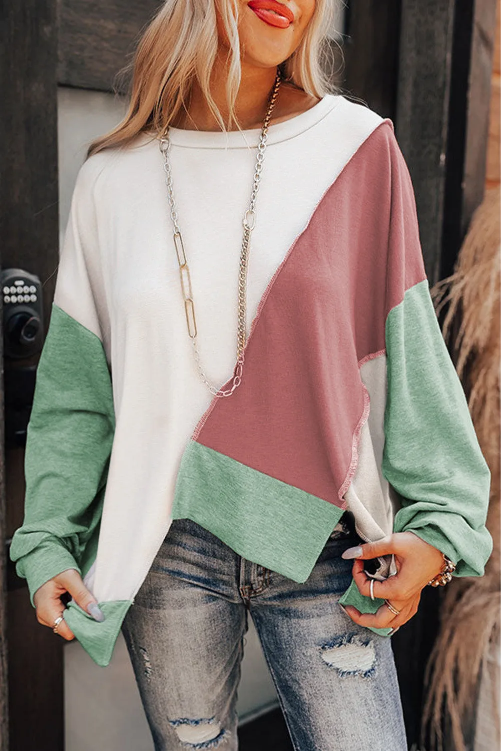 Rose Pink Khaki Colorblock Stitching Irregular Hem Long Sleeve Top