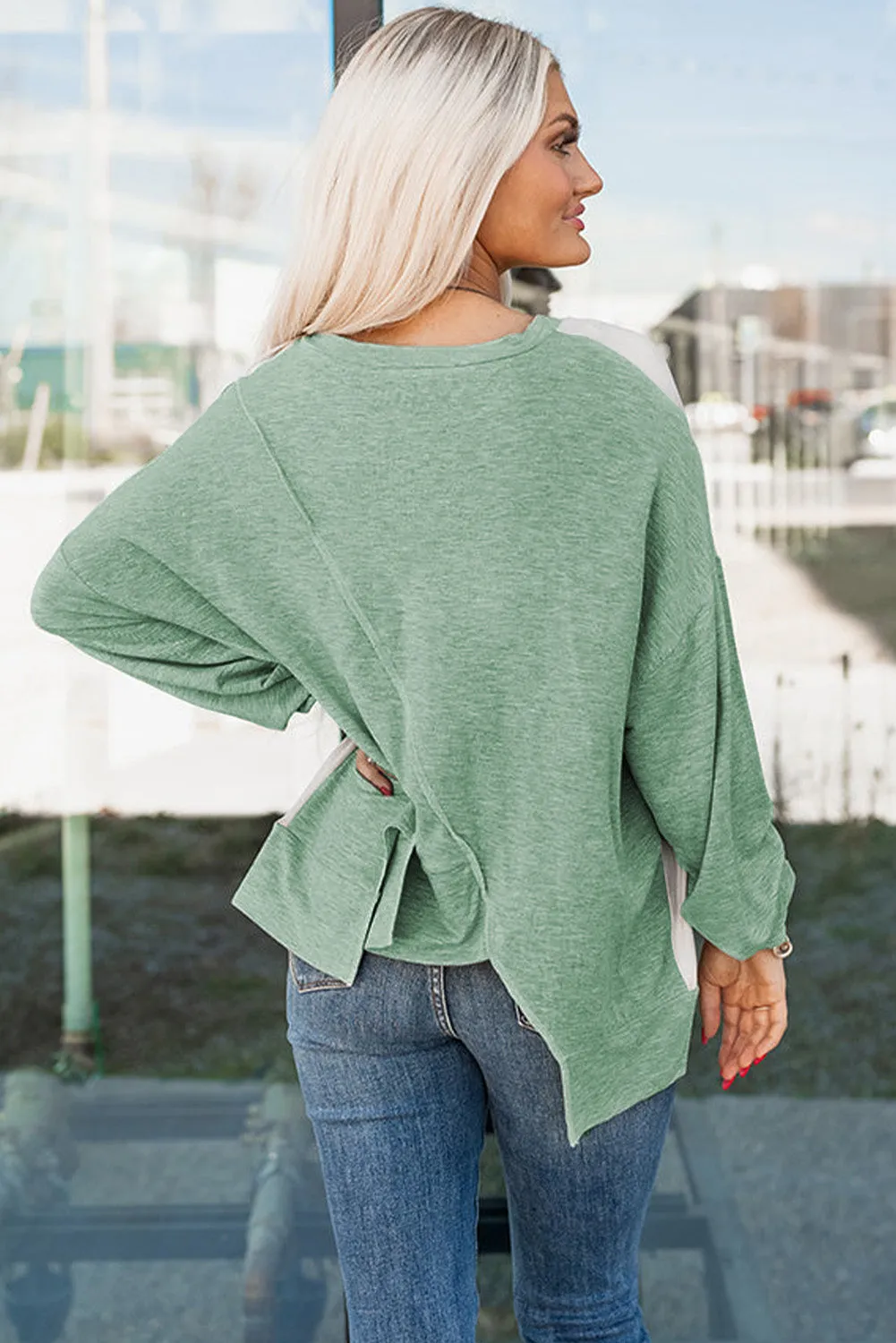 Rose Pink Khaki Colorblock Stitching Irregular Hem Long Sleeve Top