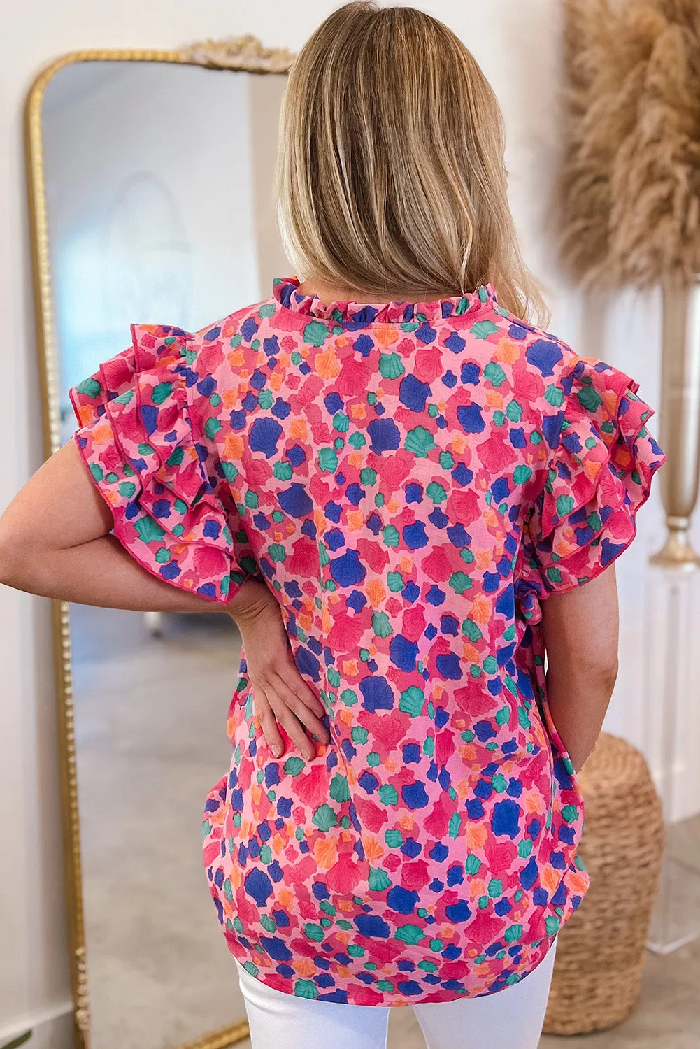 Rose Red Abstract Print Ruffled Sleeve V Neck Blouse