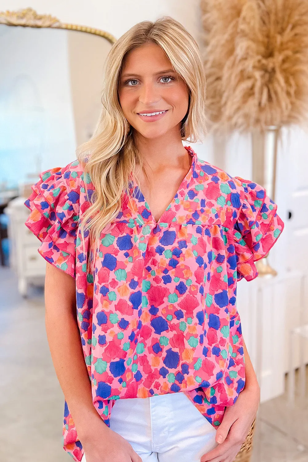 Rose Red Abstract Print Ruffled Sleeve V Neck Blouse