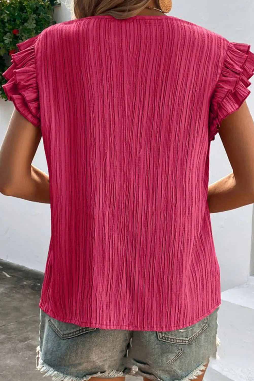 Rose Red  Textured Ruffled Sleeve Top