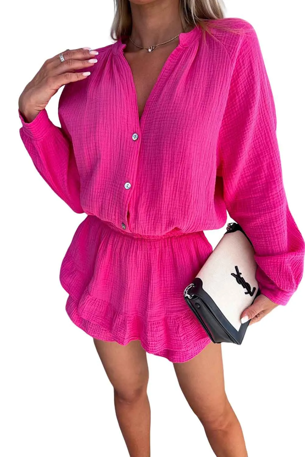 Rose Textured Tiered Ruffled Buttoned Long Sleeve Romper