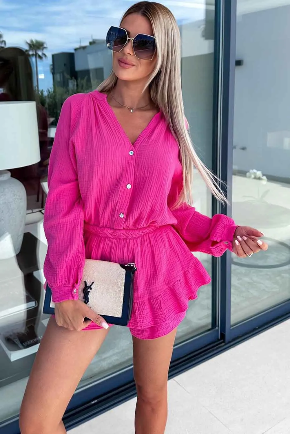Rose Textured Tiered Ruffled Buttoned Long Sleeve Romper