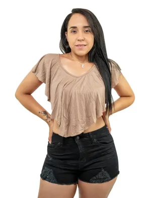 Round Neck Short Sleeve Crop Top Shirt Bi Color With Valance