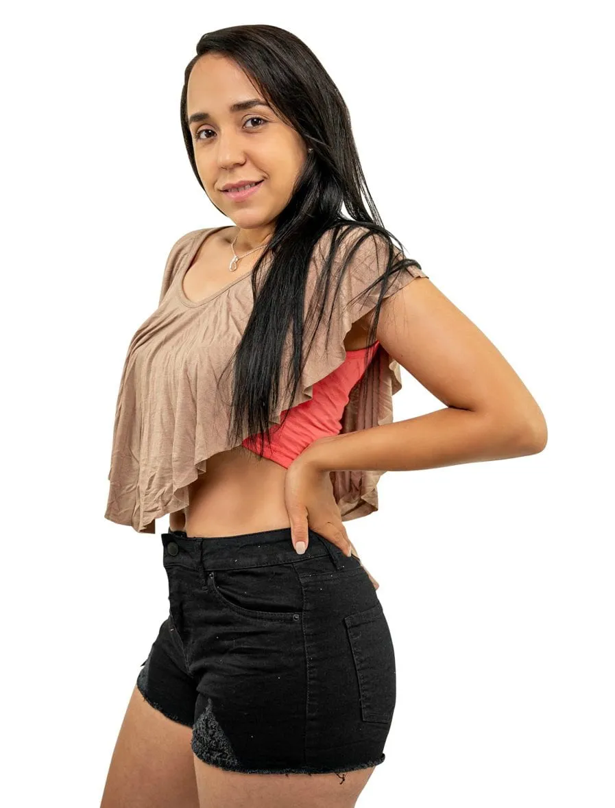 Round Neck Short Sleeve Crop Top Shirt Bi Color With Valance