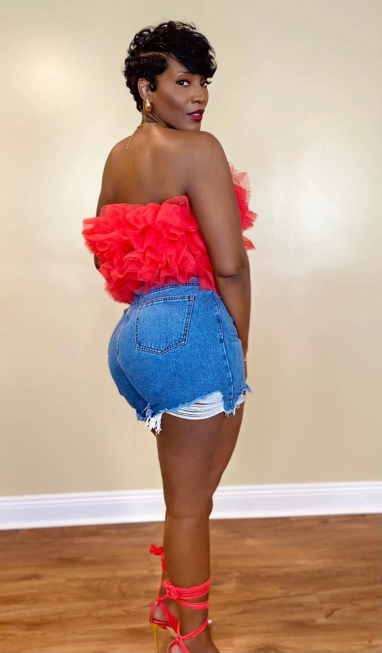 RUFFLE TULLE TOP (RED)