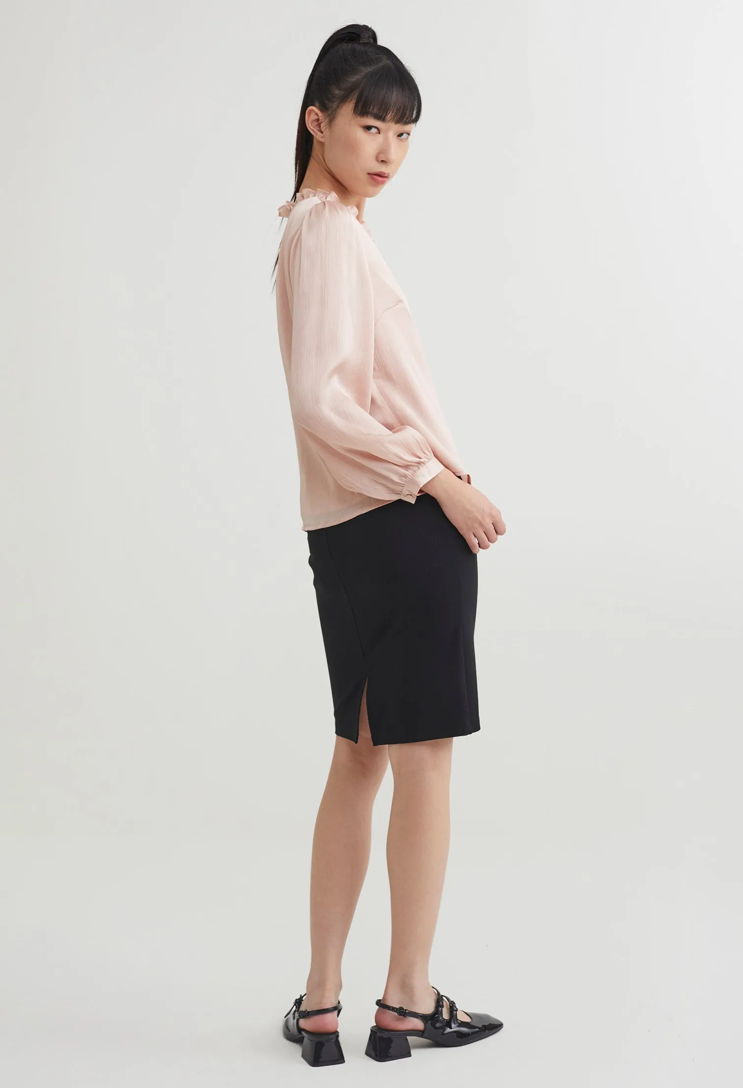 Ruffled Faux Wrap Long Sleeve Blouse
