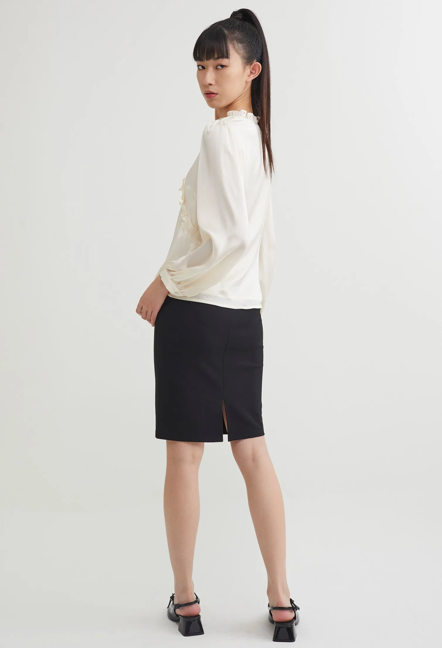 Ruffled Faux Wrap Long Sleeve Blouse