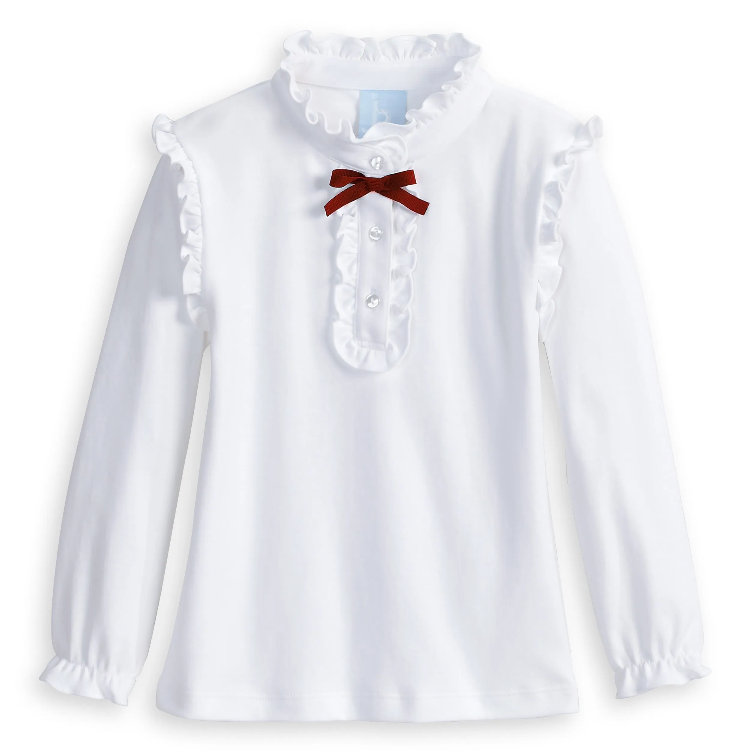 Ruffled Pima Blouse -- White w/ Red Bow