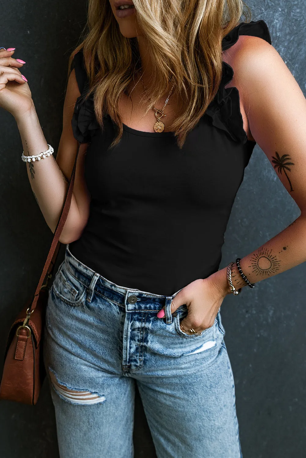 Ruffled Straps Slim Tank Top