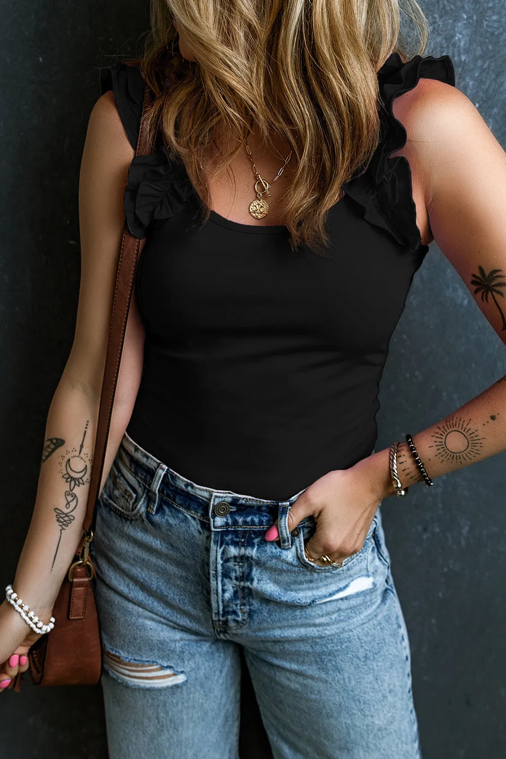 Ruffled Straps Slim Tank Top